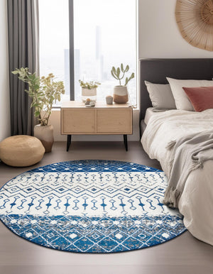 Ivory Navy Blue 10' x 10' Tribal Trellis Round Area Rug Geometric Southwestern Inspired Durable Carpet for Home Interior Design for Sale at Rug Engine