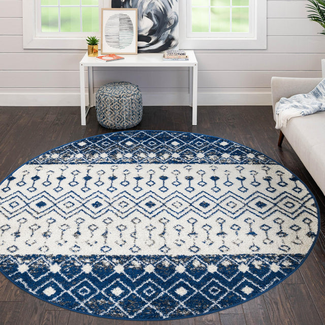 Ivory Navy Blue 6' x 6' Tribal Trellis Round Area Rug Geometric Southwestern Inspired Durable Carpet for Home Interior Design for Sale at Rug Engine