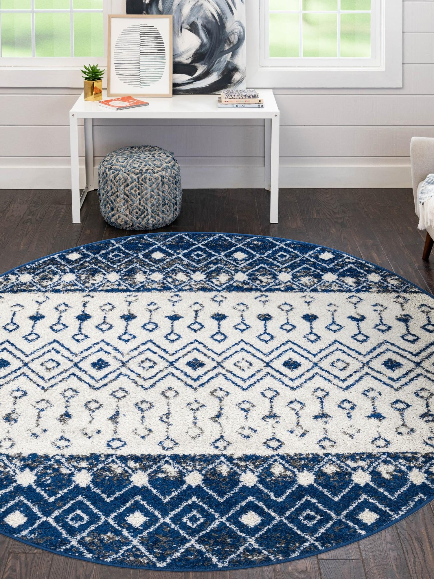 Ivory Navy Blue 5' 3 x 5' 3 Tribal Trellis Round Area Rug Geometric Southwestern Inspired Durable Carpet for Home Interior Design for Sale at Rug Engine