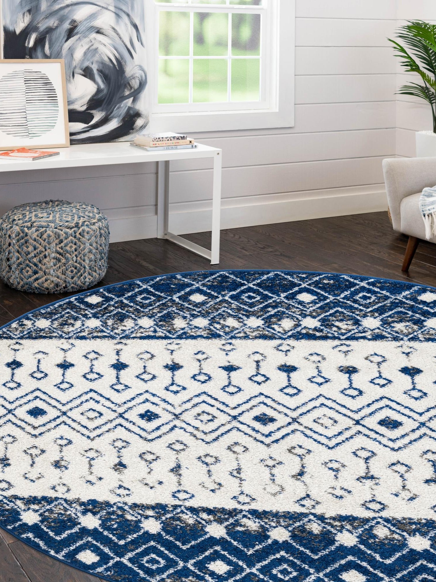 Ivory Navy Blue 5' 3 x 5' 3 Tribal Trellis Round Area Rug Geometric Southwestern Inspired Durable Carpet for Home Interior Design for Sale at Rug Engine
