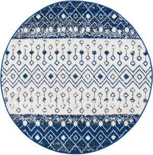 Ivory Navy Blue 5' 3 x 5' 3 Tribal Trellis Round Area Rug Geometric Southwestern Inspired Durable Carpet for Home Interior Design for Sale at Rug Engine
