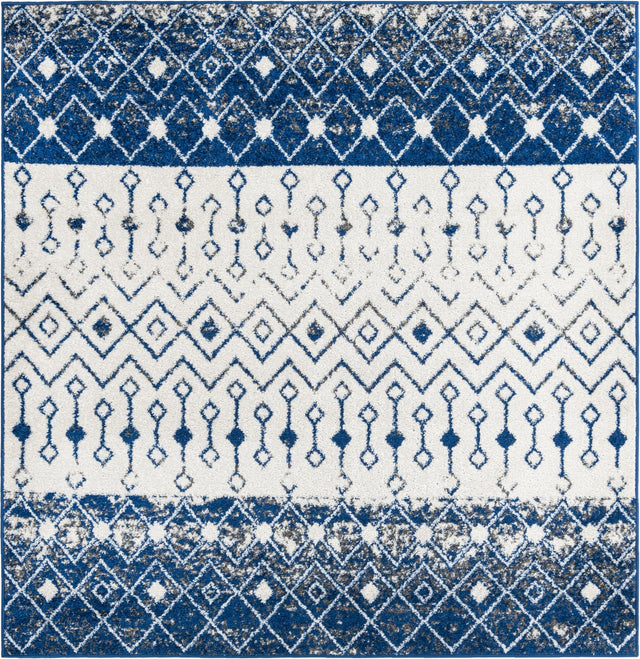 Ivory Navy Blue 6' x 6' Tribal Trellis Square Area Rug Geometric Southwestern Inspired Durable Carpet for Home Interior Design for Sale at Rug Engine