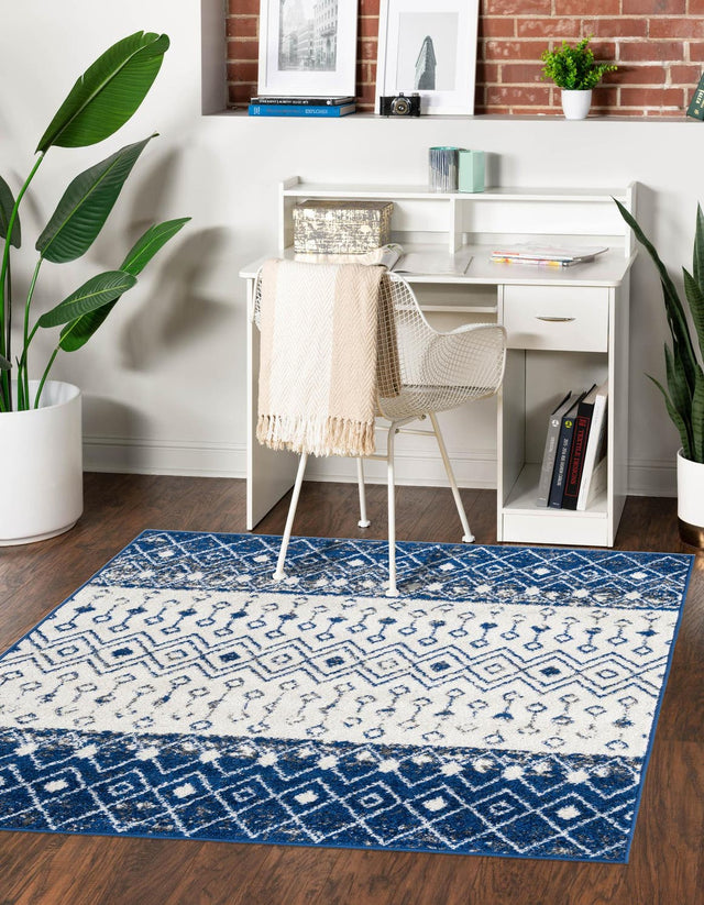 Ivory Navy Blue 6' x 6' Tribal Trellis Square Area Rug Geometric Southwestern Inspired Durable Carpet for Home Interior Design for Sale at Rug Engine