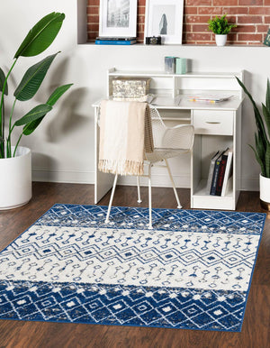 Ivory Navy Blue 5' 3 x 5' 3 Tribal Trellis Square Area Rug Geometric Southwestern Inspired Durable Carpet for Home Interior Design for Sale at Rug Engine