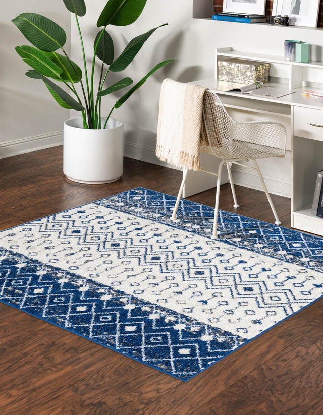 Ivory Navy Blue 6' x 6' Tribal Trellis Square Area Rug Geometric Southwestern Inspired Durable Carpet for Home Interior Design for Sale at Rug Engine