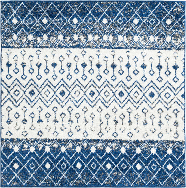 Ivory Navy Blue 5' 3 x 5' 3 Tribal Trellis Square Area Rug Geometric Southwestern Inspired Durable Carpet for Home Interior Design for Sale at Rug Engine