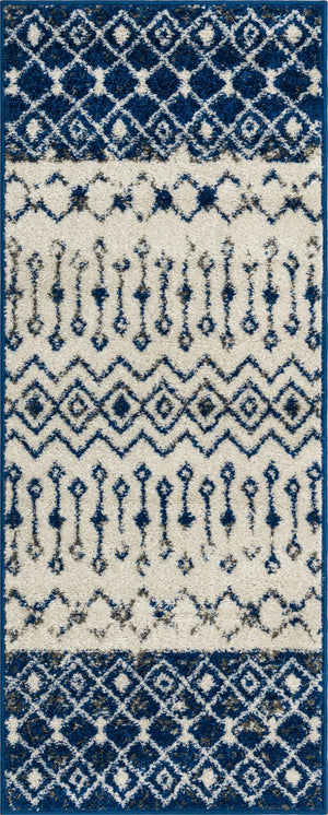 Ivory Navy Blue 2' x 5' Tribal Trellis Runner Area Rug Geometric Southwestern Inspired Durable Carpet for Home Interior Design for Sale at Rug Engine