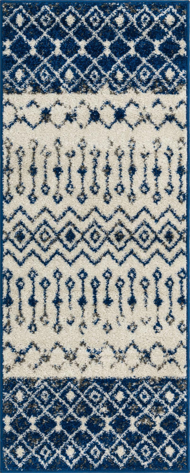 Ivory Navy Blue 2' x 5' Tribal Trellis Runner Area Rug Geometric Southwestern Inspired Durable Carpet for Home Interior Design for Sale at Rug Engine