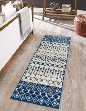 Ivory Navy Blue 2' x 6' Tribal Trellis Runner Area Rug Geometric Southwestern Inspired Durable Carpet for Home Interior Design for Sale at Rug Engine
