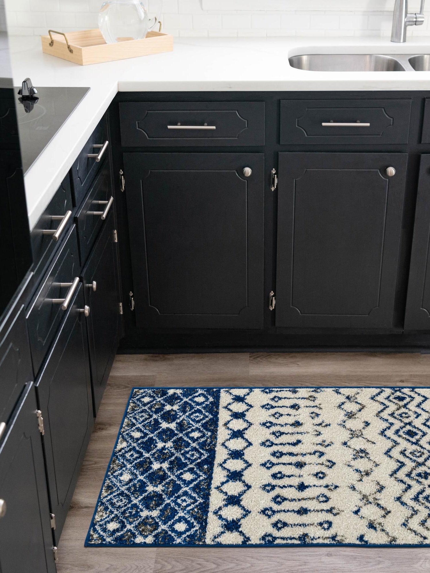 Ivory Navy Blue 2' x 7' Tribal Trellis Runner Area Rug Geometric Southwestern Inspired Durable Carpet for Home Interior Design for Sale at Rug Engine