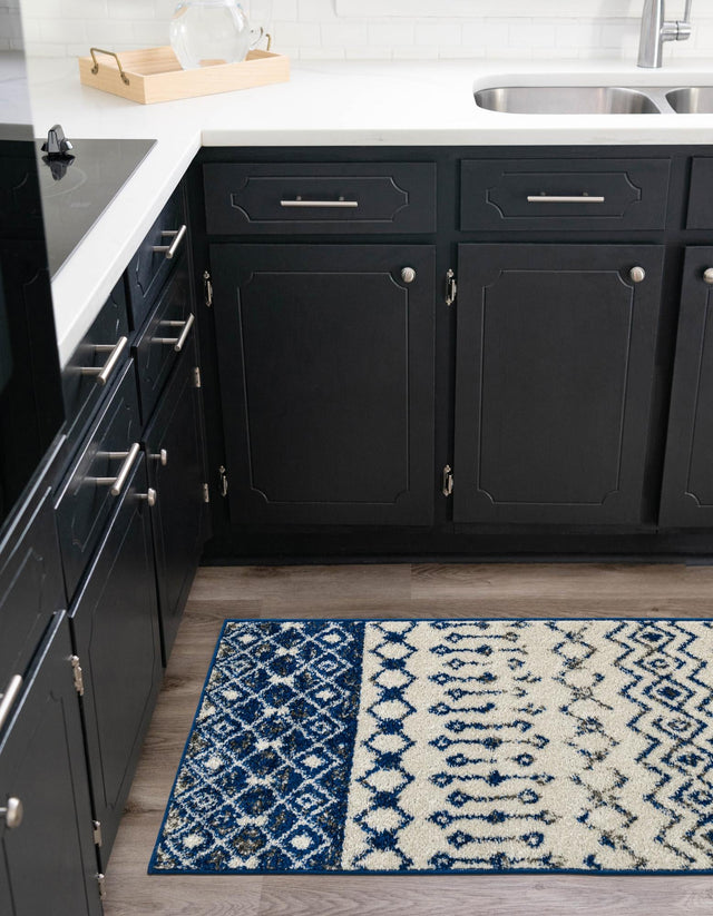 Ivory Navy Blue 3' 3 x 16' 5 Tribal Trellis Runner Area Rug Geometric Southwestern Inspired Durable Carpet for Home Interior Design for Sale at Rug Engine