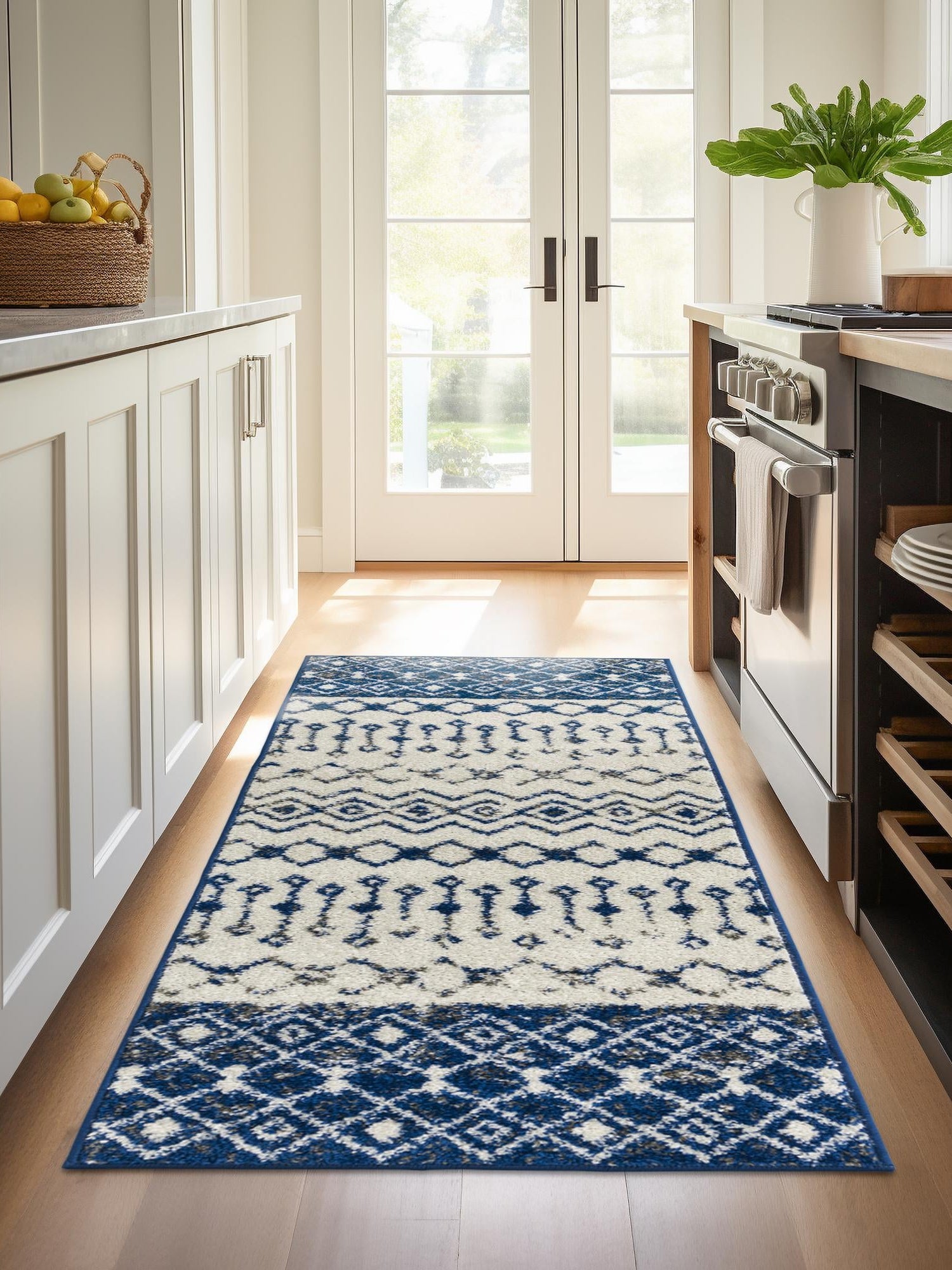 Ivory Navy Blue 2' 7 x 12' Tribal Trellis Runner Area Rug Geometric Southwestern Inspired Durable Carpet for Home Interior Design for Sale at Rug Engine