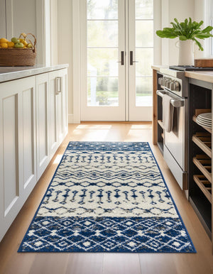 Ivory Navy Blue 2' 7 x 12' Tribal Trellis Runner Area Rug Geometric Southwestern Inspired Durable Carpet for Home Interior Design for Sale at Rug Engine