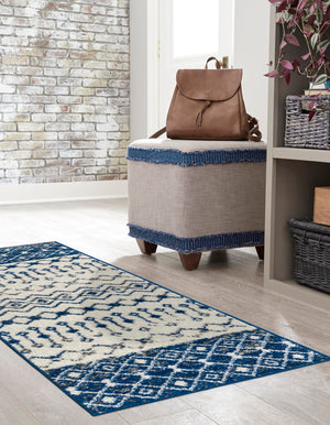 Ivory Navy Blue 2' x 6' Tribal Trellis Runner Area Rug Geometric Southwestern Inspired Durable Carpet for Home Interior Design for Sale at Rug Engine
