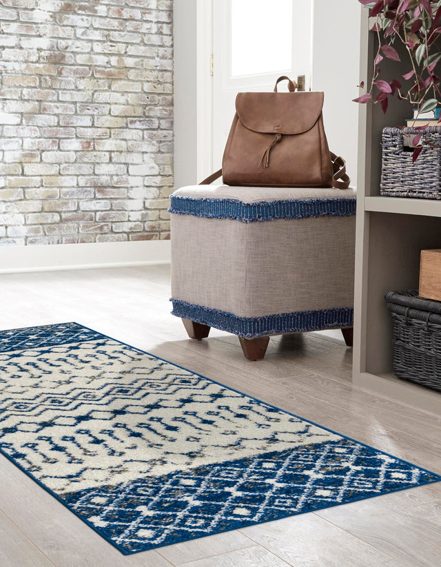 Ivory Navy Blue 2' x 6' Tribal Trellis Runner Area Rug Geometric Southwestern Inspired Durable Carpet for Home Interior Design for Sale at Rug Engine