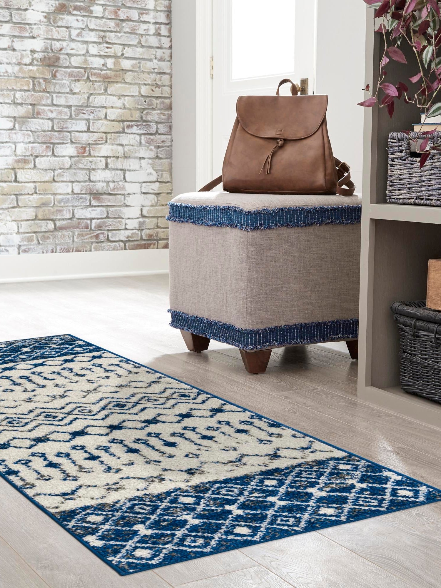 Ivory Navy Blue 2' x 7' Tribal Trellis Runner Area Rug Geometric Southwestern Inspired Durable Carpet for Home Interior Design for Sale at Rug Engine