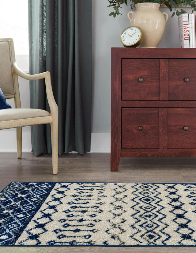 Ivory Navy Blue 2' 7 x 12' Tribal Trellis Runner Area Rug Geometric Southwestern Inspired Durable Carpet for Home Interior Design for Sale at Rug Engine