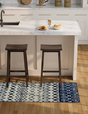 Ivory Navy Blue 2' x 5' Tribal Trellis Runner Area Rug Geometric Southwestern Inspired Durable Carpet for Home Interior Design for Sale at Rug Engine