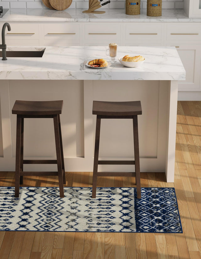 Ivory Navy Blue 2' x 5' Tribal Trellis Runner Area Rug Geometric Southwestern Inspired Durable Carpet for Home Interior Design for Sale at Rug Engine