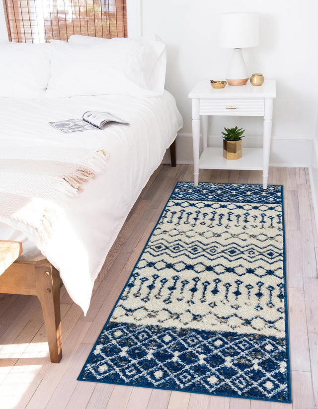 Ivory Navy Blue 2' x 5' Tribal Trellis Runner Area Rug Geometric Southwestern Inspired Durable Carpet for Home Interior Design for Sale at Rug Engine