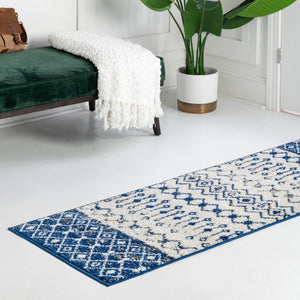Ivory Navy Blue 2' x 5' Tribal Trellis Runner Area Rug Geometric Southwestern Inspired Durable Carpet for Home Interior Design for Sale at Rug Engine