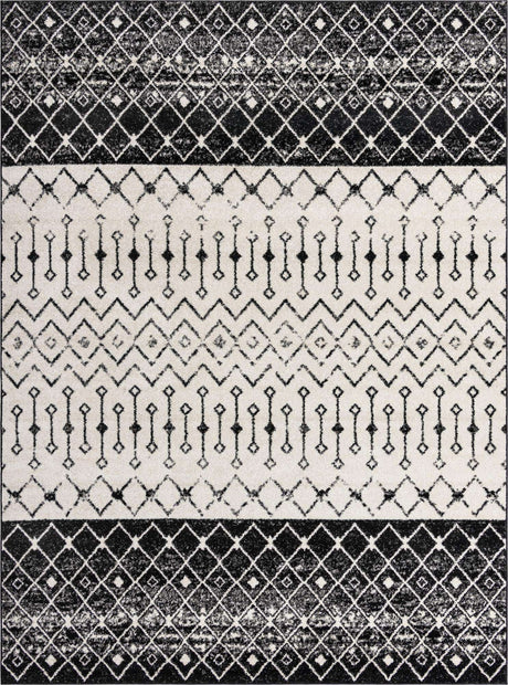 Black and White 9' x 12' Tribal Trellis Rectangle Area Rug Geometric Southwestern Inspired Durable Carpet for Home Interior Design for Sale at Rug Engine