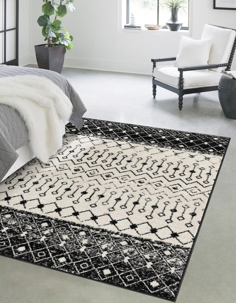 Black and White 10' x 13' 1 Tribal Trellis Rectangle Area Rug Geometric Southwestern Inspired Durable Carpet for Home Interior Design for Sale at Rug Engine