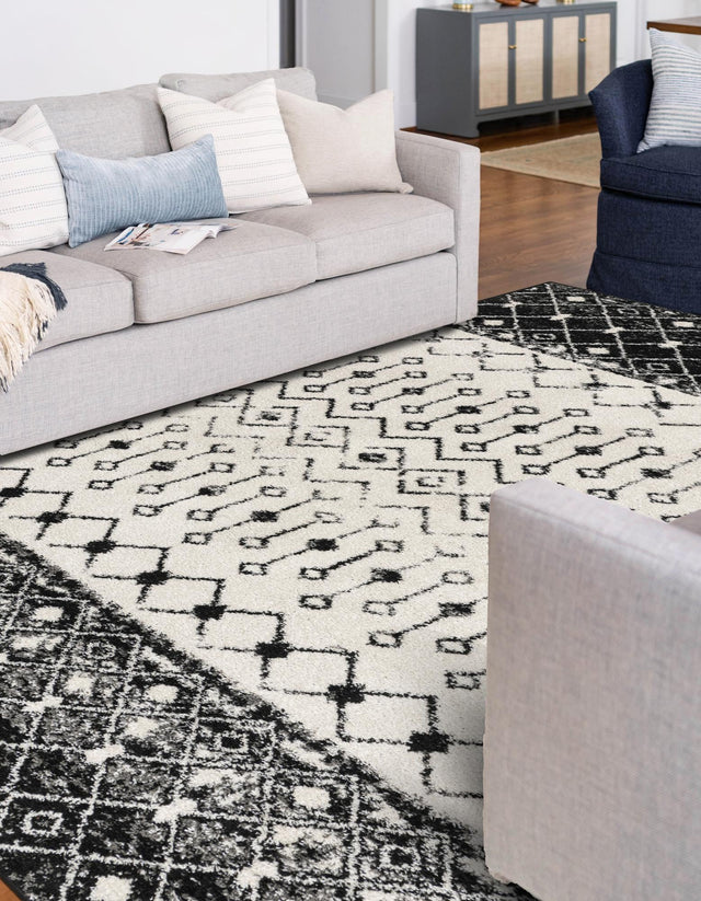 Black and White 10' x 13' 1 Tribal Trellis Rectangle Area Rug Geometric Southwestern Inspired Durable Carpet for Home Interior Design for Sale at Rug Engine