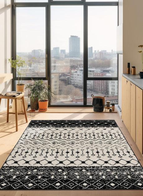 Black and White 10' x 13' 1 Tribal Trellis Rectangle Area Rug Geometric Southwestern Inspired Durable Carpet for Home Interior Design for Sale at Rug Engine