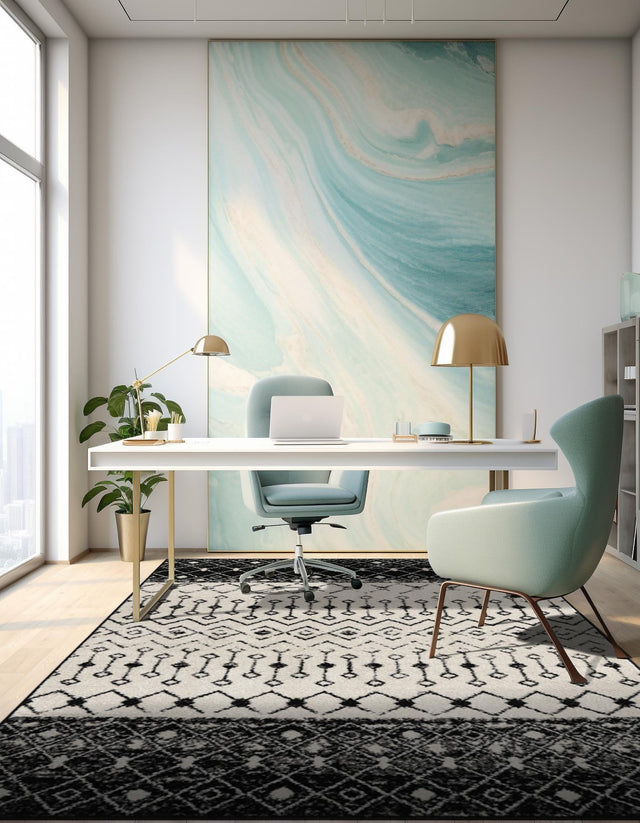 Black and White 4' 1 x 6' 1 Tribal Trellis Rectangle Area Rug Geometric Southwestern Inspired Durable Carpet for Home Interior Design for Sale at Rug Engine