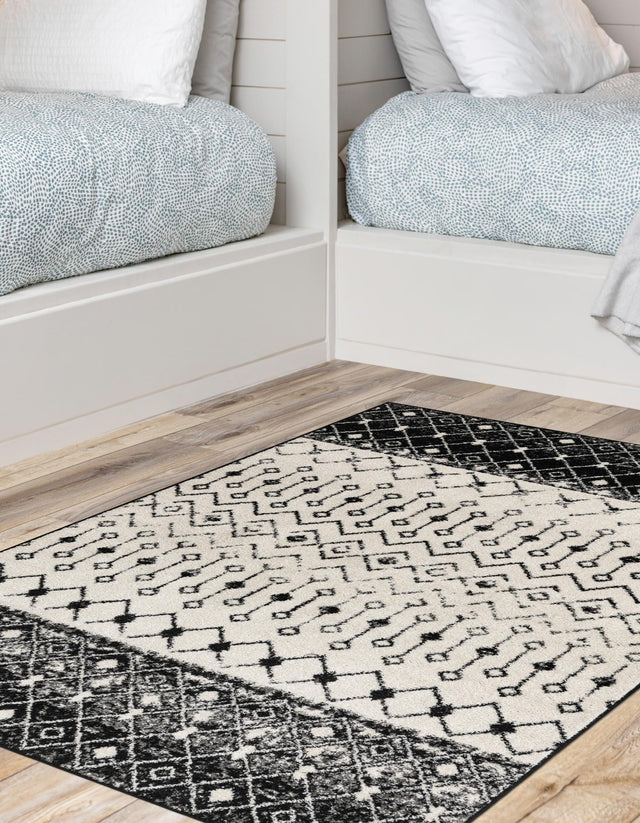 Black and White 4' 1 x 6' 1 Tribal Trellis Rectangle Area Rug Geometric Southwestern Inspired Durable Carpet for Home Interior Design for Sale at Rug Engine