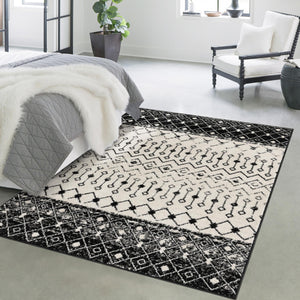 Black and White 4' 1 x 6' 1 Tribal Trellis Rectangle Area Rug Geometric Southwestern Inspired Durable Carpet for Home Interior Design for Sale at Rug Engine