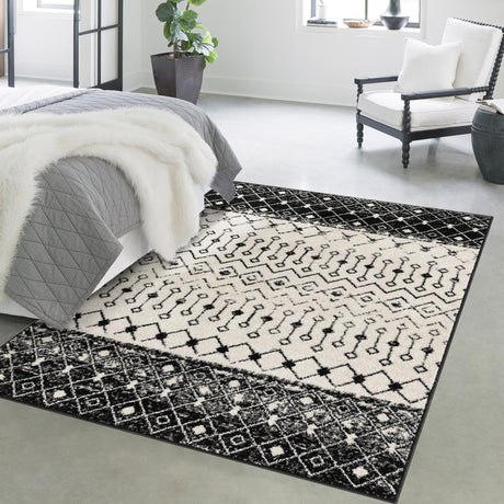 Black and White 4' 1 x 6' 1 Tribal Trellis Rectangle Area Rug Geometric Southwestern Inspired Durable Carpet for Home Interior Design for Sale at Rug Engine