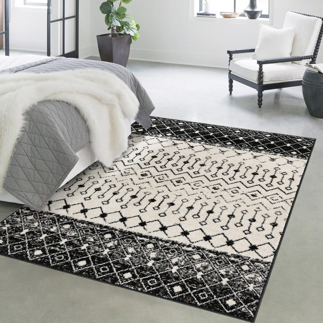 Black and White 4' 1 x 6' 1 Tribal Trellis Rectangle Area Rug Geometric Southwestern Inspired Durable Carpet for Home Interior Design for Sale at Rug Engine
