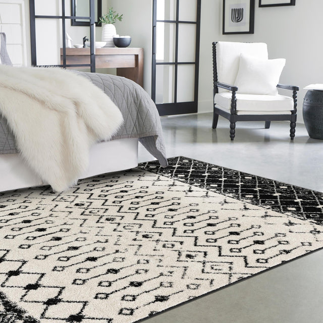 Black and White 4' 1 x 6' 1 Tribal Trellis Rectangle Area Rug Geometric Southwestern Inspired Durable Carpet for Home Interior Design for Sale at Rug Engine