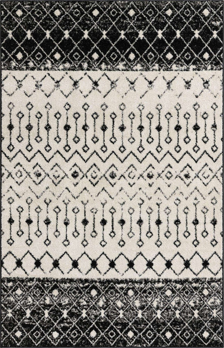 Black and White 5' 3 x 8' Tribal Trellis Rectangle Area Rug Geometric Southwestern Inspired Durable Carpet for Home Interior Design for Sale at Rug Engine