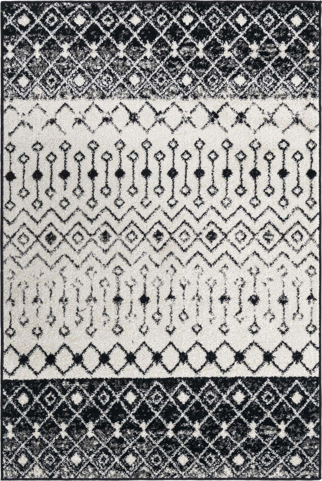 Black and White 4' 1 x 6' 1 Tribal Trellis Rectangle Area Rug Geometric Southwestern Inspired Durable Carpet for Home Interior Design for Sale at Rug Engine