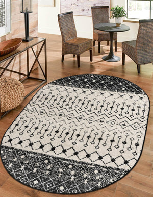 Black and White 5' 3 x 8' Tribal Trellis Oval Area Rug Geometric Southwestern Inspired Durable Carpet for Home Interior Design for Sale at Rug Engine