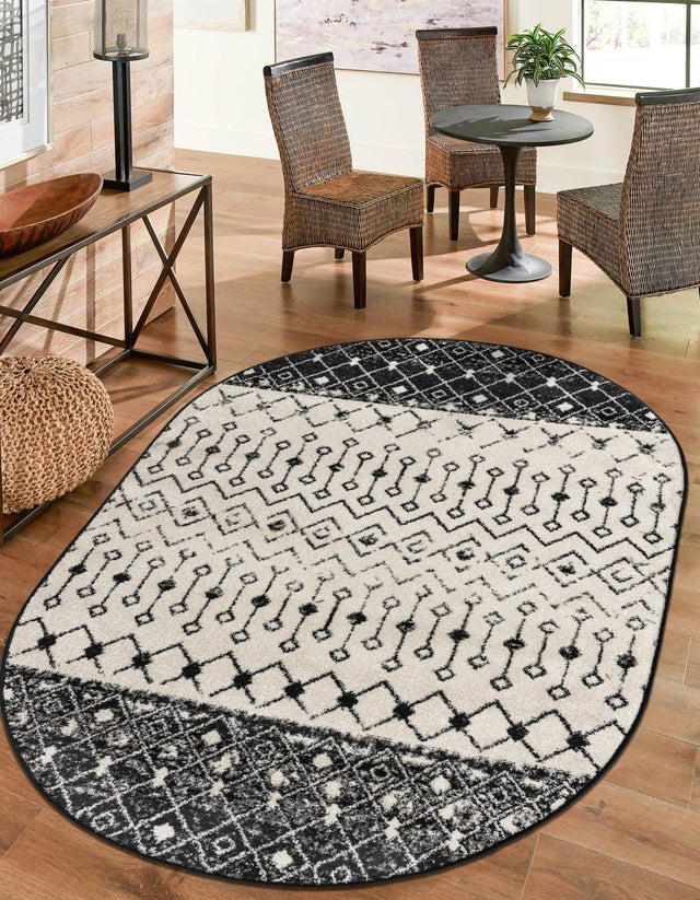 Black and White 5' 3 x 8' Tribal Trellis Oval Area Rug Geometric Southwestern Inspired Durable Carpet for Home Interior Design for Sale at Rug Engine