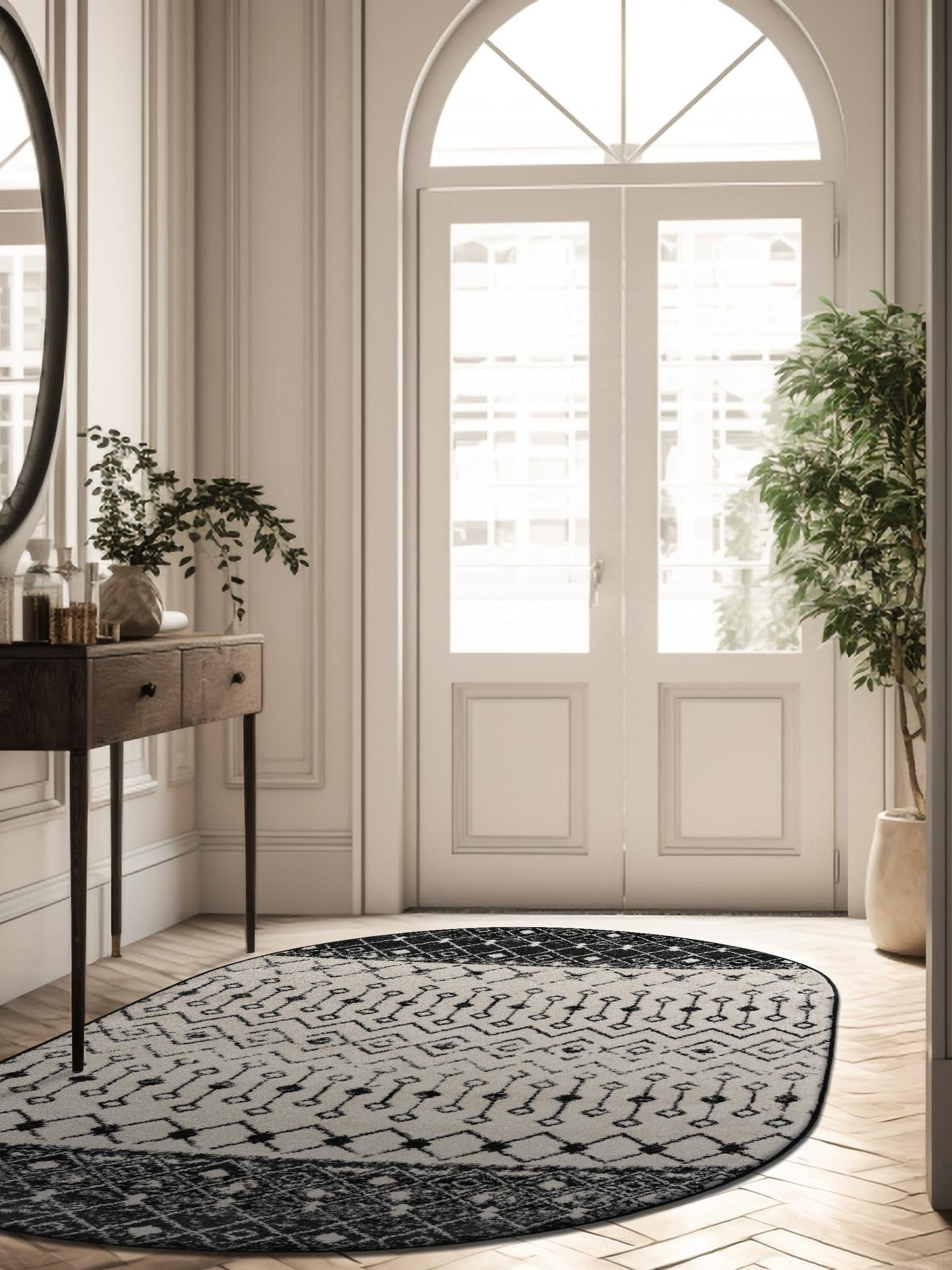 Black and White 7' 10 x 10' Tribal Trellis Oval Area Rug Geometric Southwestern Inspired Durable Carpet for Home Interior Design for Sale at Rug Engine