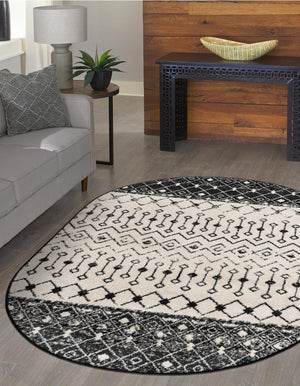 Black and White 5' 3 x 8' Tribal Trellis Oval Area Rug Geometric Southwestern Inspired Durable Carpet for Home Interior Design for Sale at Rug Engine