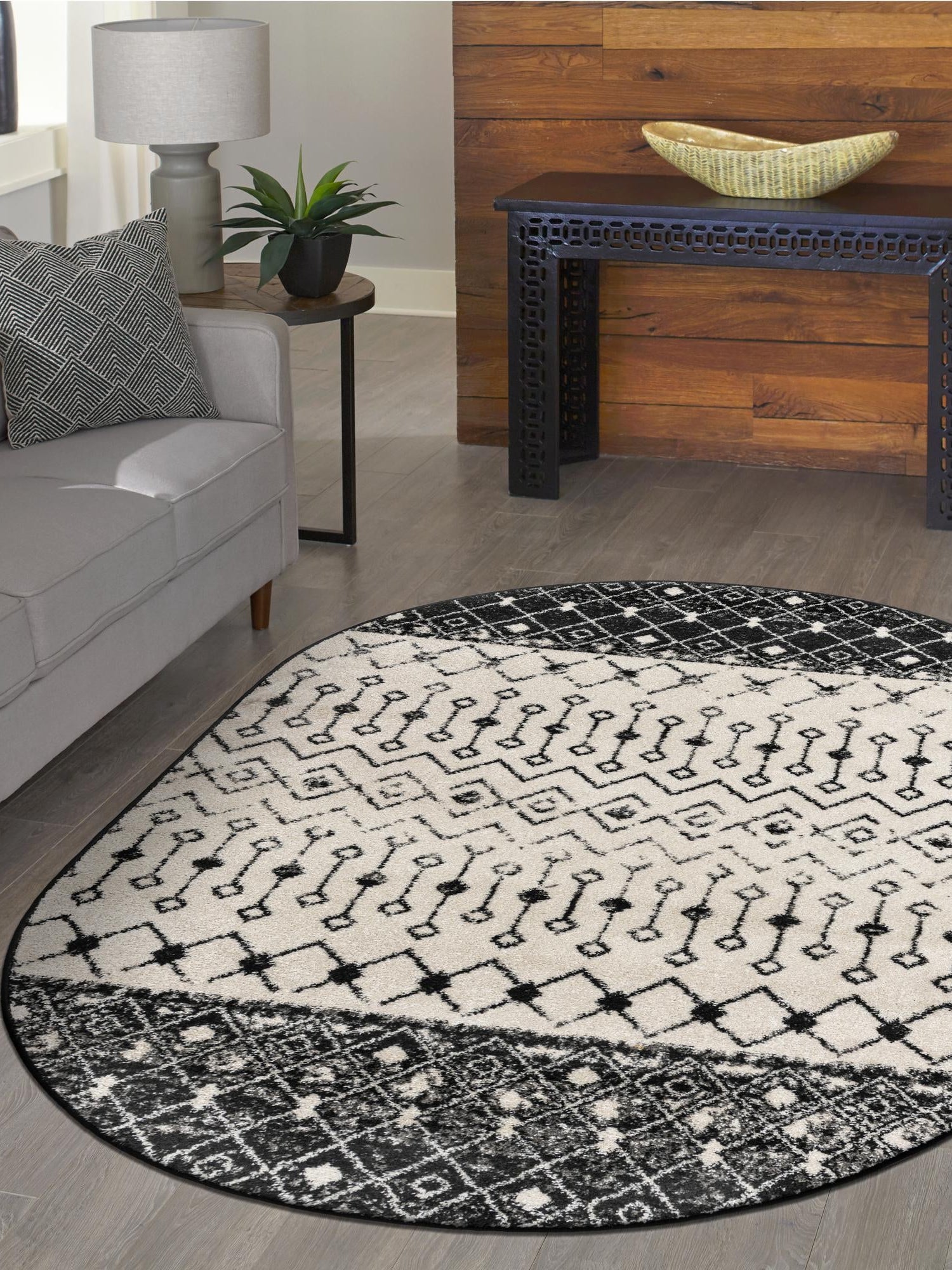 Black and White 4' 1 x 6' 1 Tribal Trellis Oval Area Rug Geometric Southwestern Inspired Durable Carpet for Home Interior Design for Sale at Rug Engine