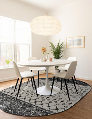 Black and White 7' 10 x 10' Tribal Trellis Oval Area Rug Geometric Southwestern Inspired Durable Carpet for Home Interior Design for Sale at Rug Engine