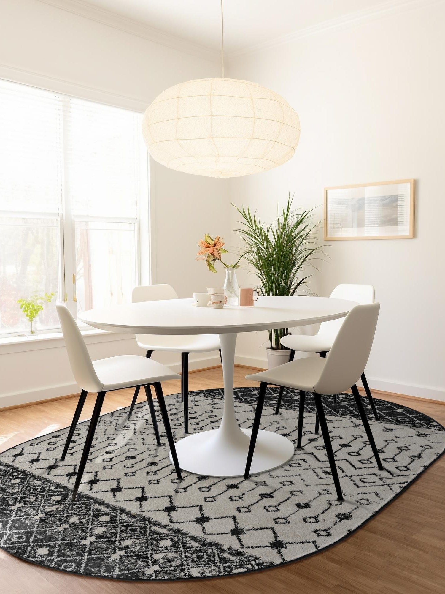 Black and White 4' 1 x 6' 1 Tribal Trellis Oval Area Rug Geometric Southwestern Inspired Durable Carpet for Home Interior Design for Sale at Rug Engine