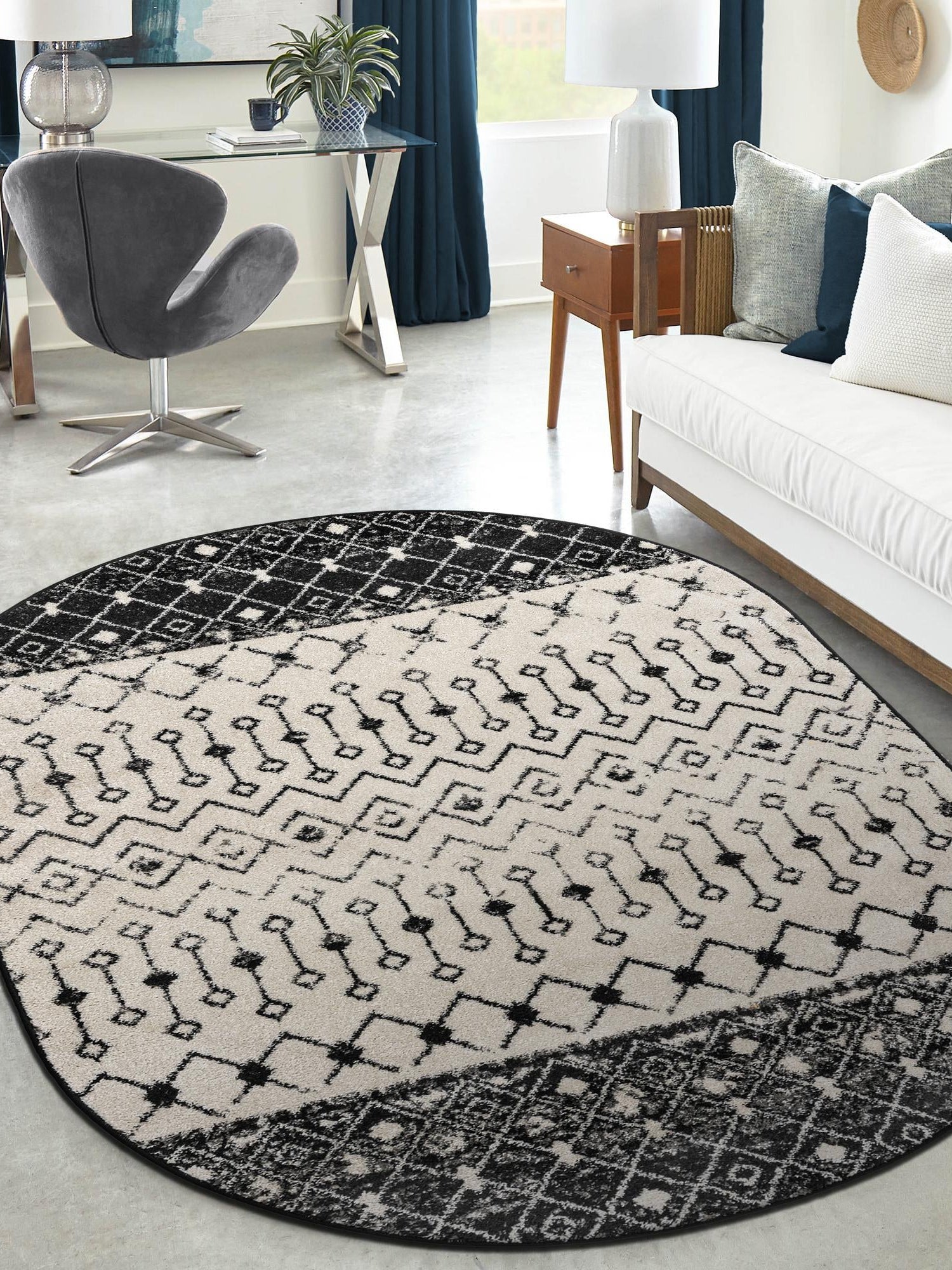 Black and White 7' 10 x 10' Tribal Trellis Oval Area Rug Geometric Southwestern Inspired Durable Carpet for Home Interior Design for Sale at Rug Engine
