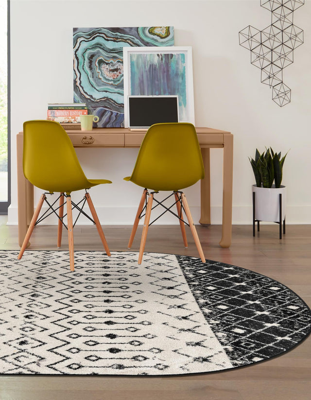 Black and White 5' 3 x 8' Tribal Trellis Oval Area Rug Geometric Southwestern Inspired Durable Carpet for Home Interior Design for Sale at Rug Engine