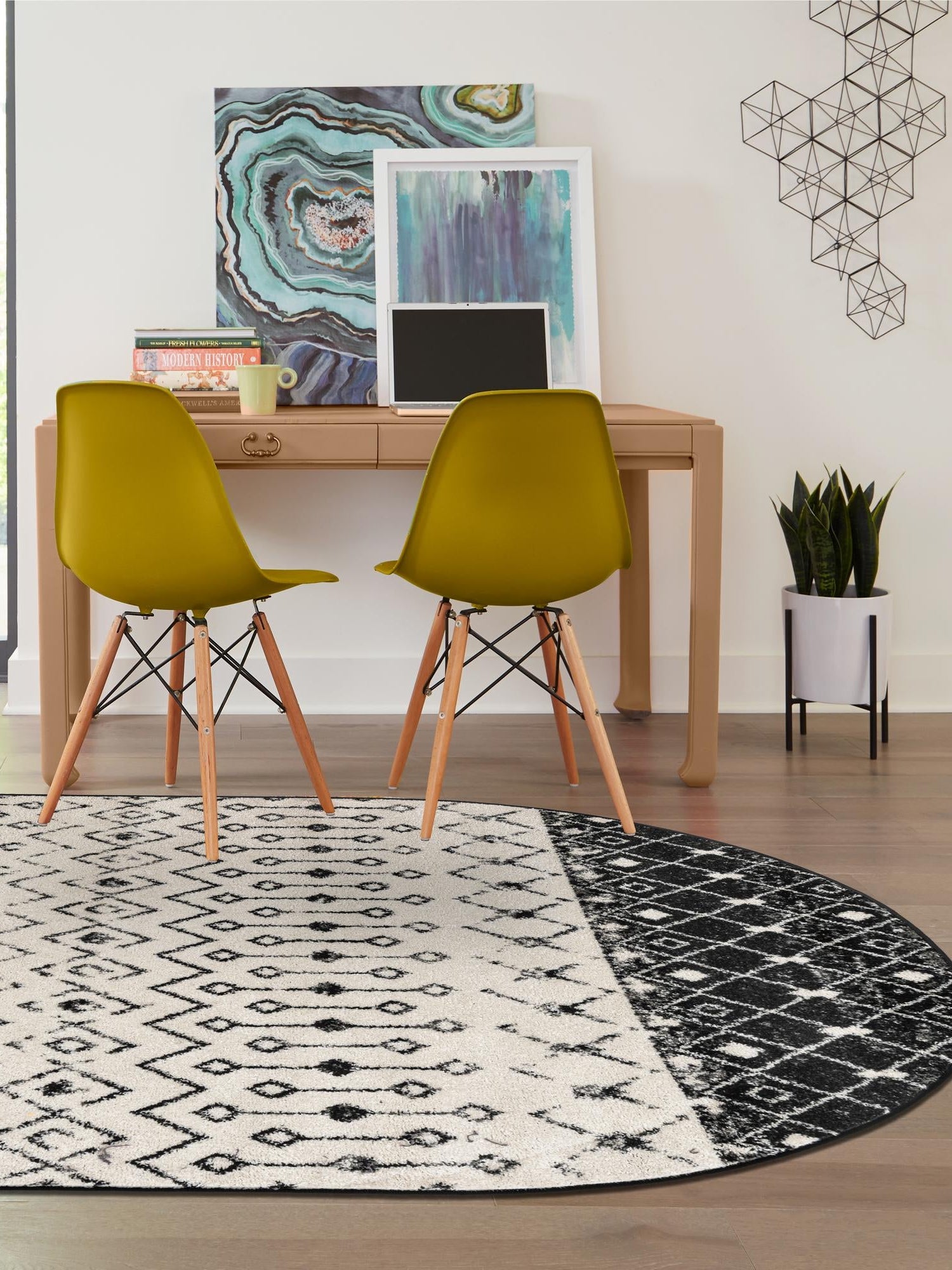 Black and White 7' 10 x 10' Tribal Trellis Oval Area Rug Geometric Southwestern Inspired Durable Carpet for Home Interior Design for Sale at Rug Engine