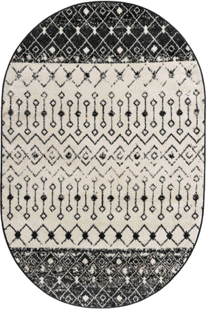Black and White 5' 3 x 8' Tribal Trellis Oval Area Rug Geometric Southwestern Inspired Durable Carpet for Home Interior Design for Sale at Rug Engine