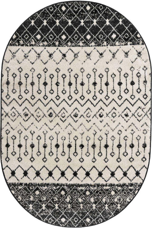 Black and White 5' 3 x 8' Tribal Trellis Oval Area Rug Geometric Southwestern Inspired Durable Carpet for Home Interior Design for Sale at Rug Engine