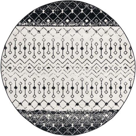 Black and White 7' 10 x 7' 10 Tribal Trellis Round Area Rug Geometric Southwestern Inspired Durable Carpet for Home Interior Design for Sale at Rug Engine